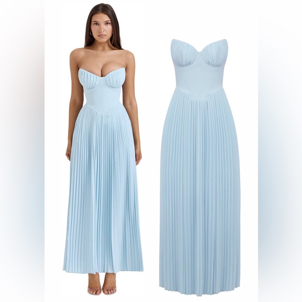 NWT House of CB Marcella Strapless Pleated Georgette Gown